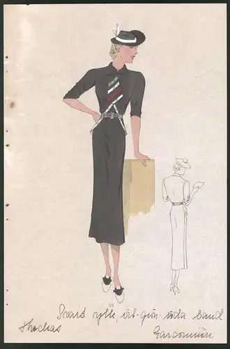 Modeentwurf Art Deco 1937, Dame im Frühlingskleid mit Krawatte & Hut, Lithographie Atelier Bachwitz, Wien