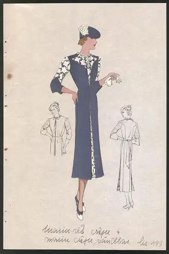Modeentwurf Art Deco 1937, Model im Kleid mit Blütenmuster, Lithographie Atelier Bachwitz, Wien