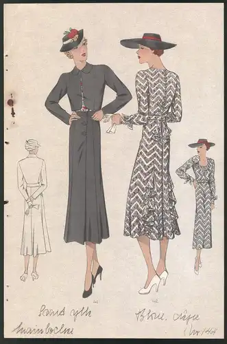 Modeentwurf Art Deco 1937, Damen mit Hut tragen Frühlingskleider, Lithographie Atelier Bachwitz, Wien
