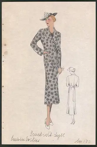 Modeentwurf Art Deco 1937, Dame mit Hut trägt Mantel mit Blattmuster, Lithographie Atelier Bachwitz, Wien