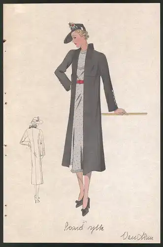 Modeentwurf Art Deco 1937, Dame mit Hut im grauen Kleid mit rotem Gürtel, Lithographie Atelier Bachwitz, Wien