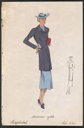 Modeentwurf Art Deco 1937, Model trägt hellblauen Rock & dunkelblauen Mantel, Lithographie Atelier Bachwitz, Wien