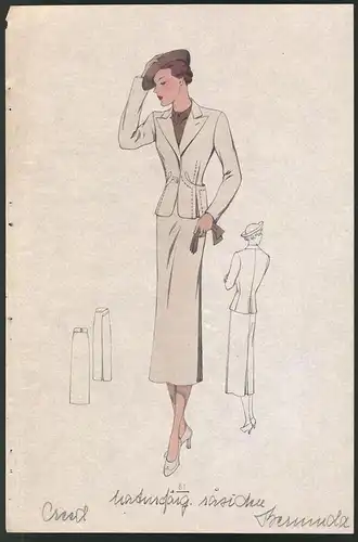 Modeentwurf Art Deco 1937, Dame mit Hut im eleganten beigen Outtfit, Lithographie Atelier Bachwitz, Wien