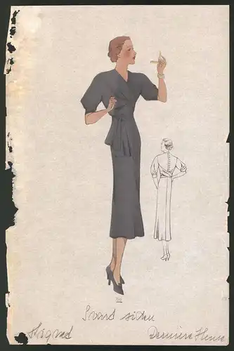 Modeentwurf Art Deco 1937, Dame mit Schminkspiegel im dunkelblauen Kleid, Lithographie Atelier Bachwitz, Wien