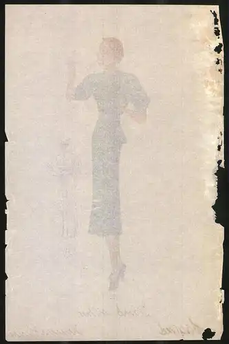 Modeentwurf Art Deco 1937, Dame mit Schminkspiegel im dunkelblauen Kleid, Lithographie Atelier Bachwitz, Wien