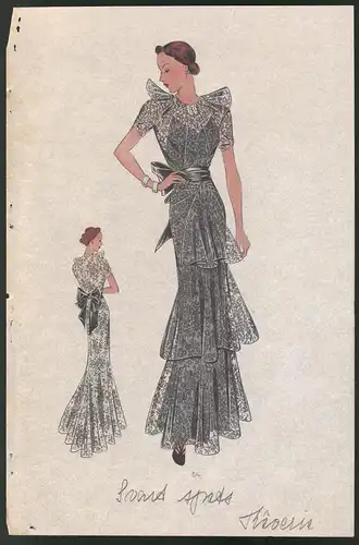 Modeentwurf Art Deco 1937, Rothaariges Model trägt extravagantes Abendkleid, Lithographie Atelier Bachwitz, Wien