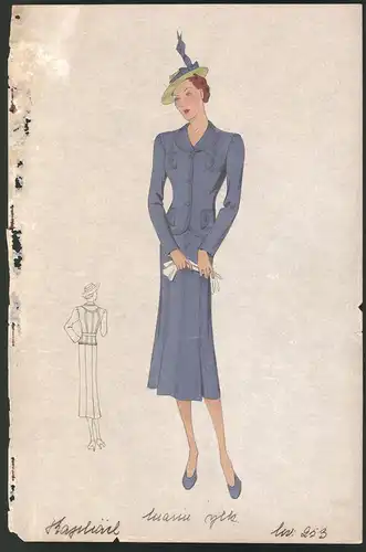 Modeentwurf Art Deco 1937, Model mit Hut im blauen Zweiteiler-Kleid, Lithographie Atelier Bachwitz, Wien