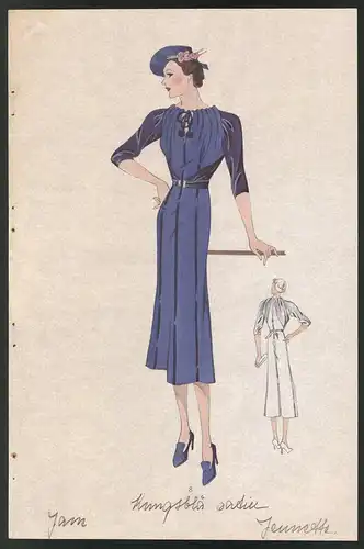 Modeentwurf Art Deco 1937, Model trägt blaues Frühlingskleid mit Gürtel, Lithographie Atelier Bachwitz, Wien