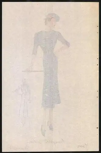 Modeentwurf Art Deco 1937, Model trägt blaues Frühlingskleid mit Gürtel, Lithographie Atelier Bachwitz, Wien