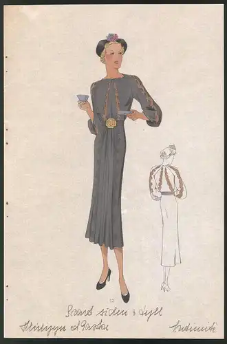 Modeentwurf Art Deco 1937, Blonde Dame im langen grauen Frühlingskleid, Lithographie Atelier Bachwitz, Wien