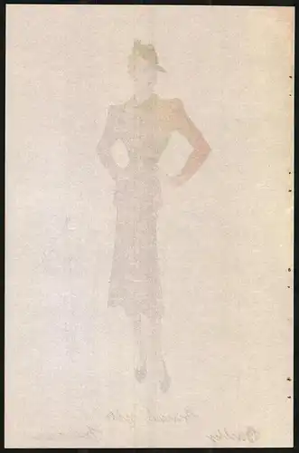Modeentwurf Art Deco 1937, Pin-Up Girl trägt hellbraunes Ensemble, Lithographie Atelier Bachwitz, Wien