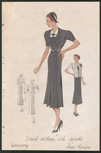 Modeentwurf Art Deco 1937, Dame im zünftigen Kleid, weisse Accessoires handkoloriert, Lithographie Atelier Bachwitz Wien