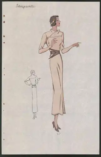 Modeentwurf Art Deco 1934, Pin-Up Girl im langen beigen Kleid mit brauen Accessoires, Lithographie Atelier Bachwitz Wien