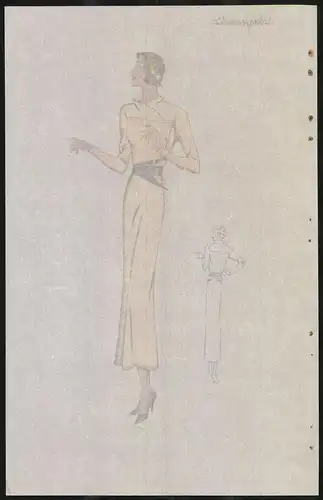 Modeentwurf Art Deco 1934, Pin-Up Girl im langen beigen Kleid mit brauen Accessoires, Lithographie Atelier Bachwitz Wien