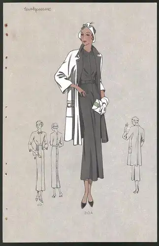 Modeentwurf Art Deco 1934, Pin-Up Girl im langen grauen Kleid mit weissem Mantel, Lithographie Atelier Bachwitz, Wien