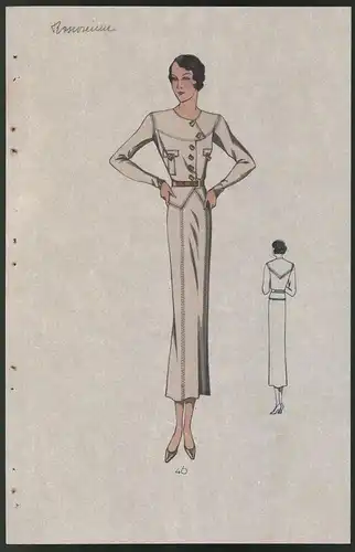 Modeentwurf Art Deco 1934, Brünettes Pin-Up Girl trägt Kleid mit brauen Accessoires, Lithographie Atelier Bachwitz, Wien