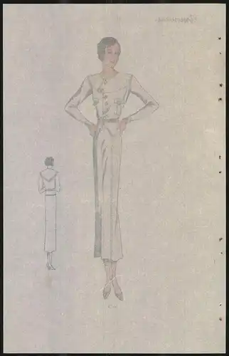 Modeentwurf Art Deco 1934, Brünettes Pin-Up Girl trägt Kleid mit brauen Accessoires, Lithographie Atelier Bachwitz, Wien