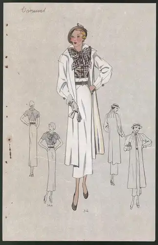 Modeentwurf Art Deco 1934, Blondes Pin-Up Girl mit karierter Bluse & Schleife, Lithographie Atelier Bachwitz, Wien