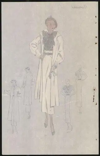 Modeentwurf Art Deco 1934, Blondes Pin-Up Girl mit karierter Bluse & Schleife, Lithographie Atelier Bachwitz, Wien