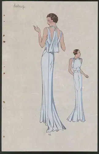 Modeentwurf Art Deco 1934, Pin-Up Girl im hellblauen Abendkleid - Ballkleid, Lithographie Atelier Bachwitz, Wien