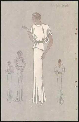 Modeentwurf Art Deco 1934, Rothaariges Model trägt langes weisses Kleid, Lithographie Atelier Bachwitz, Wien