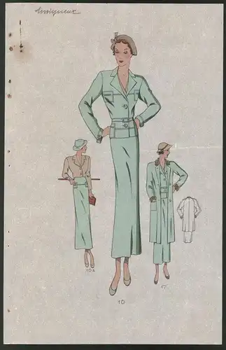 Modeentwurf Art Deco 1934, Pin-Up Girl im grünen zweiteiligen Ensemble, Lithographie Atelier Bachwitz, Wien