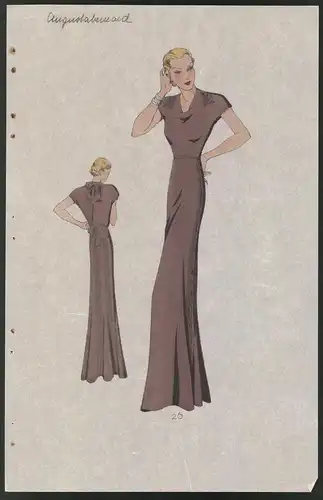Modeentwurf Art Deco 1934, Blondes Pin-Up Girl im langenn brauen Abendkleid, Lithographie Atelier Bachwitz, Wien