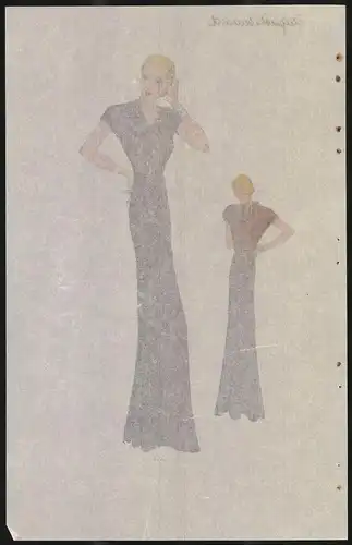 Modeentwurf Art Deco 1934, Blondes Pin-Up Girl im langenn brauen Abendkleid, Lithographie Atelier Bachwitz, Wien