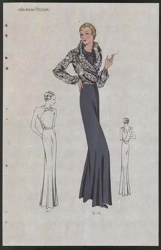 Modeentwurf Art Deco 1934, Blondes Model im blauen Kleid & Bluse mit Blumenmuster, Lithographie Atelier Bachwitz, Wien