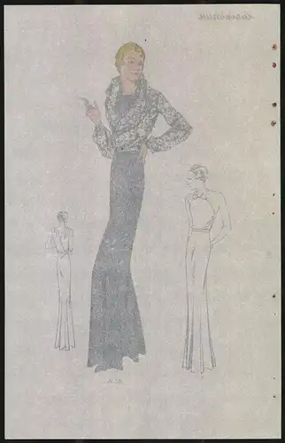 Modeentwurf Art Deco 1934, Blondes Model im blauen Kleid & Bluse mit Blumenmuster, Lithographie Atelier Bachwitz, Wien