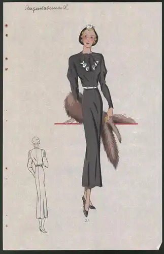 Modeentwurf Art Deco 1934, Blonde Dame mit Stola im grauen Kleid mit Rüschen, Lithographie Atelier Bachwitz, Wien