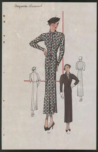 Modeentwurf Art Deco 1934, Model mit Hut trägt langes Kleid mit Karomuster, Lithographie Atelier Bachwitz, Wien