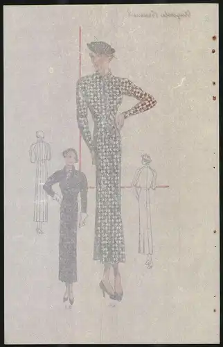 Modeentwurf Art Deco 1934, Model mit Hut trägt langes Kleid mit Karomuster, Lithographie Atelier Bachwitz, Wien