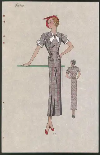 Modeentwurf Art Deco 1934, Blondes Model mit rotem Hut trägt langes Kleid mit Muster, Lithographie Atelier Bachwitz Wien