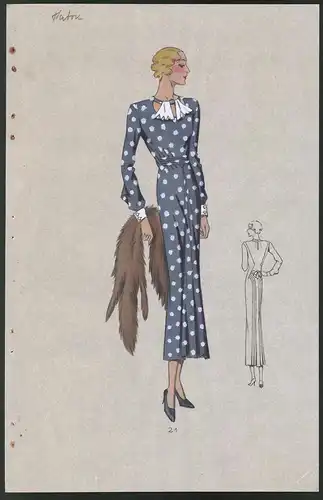 Modeentwurf Art Deco 1934, Blondes Pin-Up Girl im blauen Kleid mit weissen Tupfern, Lithographie Atelier Bachwitz, Wien
