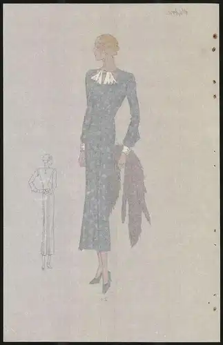 Modeentwurf Art Deco 1934, Blondes Pin-Up Girl im blauen Kleid mit weissen Tupfern, Lithographie Atelier Bachwitz, Wien
