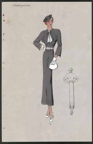Modeentwurf Art Deco 1934, Blondes Model mit Hut & Handtasche im grauen Kleid, Lithographie Atelier Bachwitz, Wien