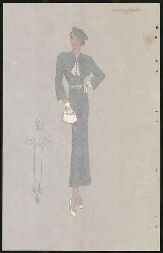 Modeentwurf Art Deco 1934, Blondes Model mit Hut & Handtasche im grauen Kleid, Lithographie Atelier Bachwitz, Wien