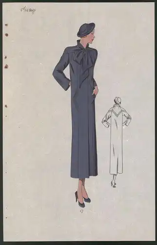 Modeentwurf Art Deco 1934, Blonde Dame im langen blauen Mantel mit Schleife, Lithographie Atelier Bachwitz, Wien