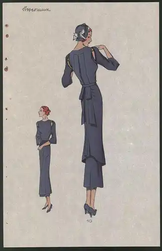 Modeentwurf Art Deco 1934, Rothaarige Dame mit Hut im blauen Abdenkleid, Lithographie Atelier Bachwitz, Wien