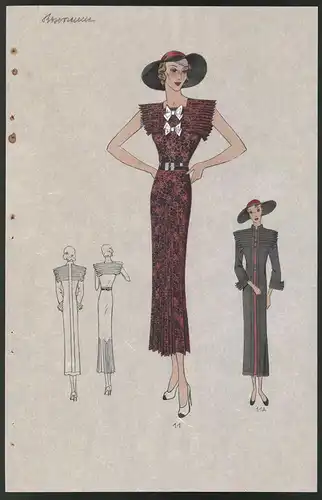 Modeentwurf Art Deco 1934, Blondes Model mit Hut im Abendkleid mit Blütenmuster, Lithographie Atelier Bachwitz, Wien