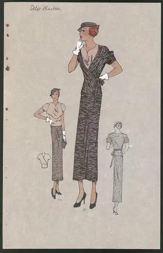 Modeentwurf Art Deco 1934, Rothaariges Model mit Hut trägt Kleid mit Tiger-Muster, Lithographie Atelier Bachwitz, Wien
