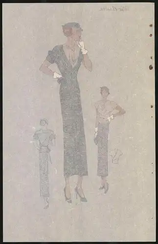 Modeentwurf Art Deco 1934, Rothaariges Model mit Hut trägt Kleid mit Tiger-Muster, Lithographie Atelier Bachwitz, Wien
