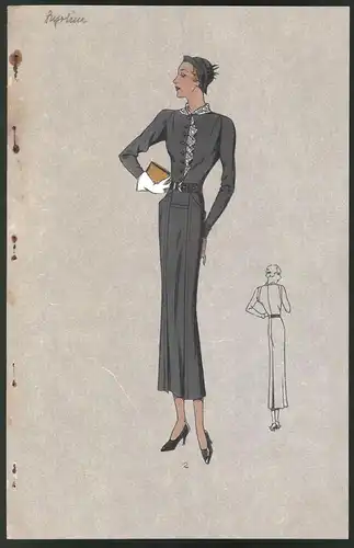 Modeentwurf Art Deco 1934, Blondine mit Hut & Handtasche im grauen Kleid mit Gürtel, Lithographie Atelier Bachwitz, Wien