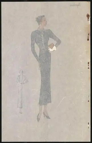 Modeentwurf Art Deco 1934, Blondine mit Hut & Handtasche im grauen Kleid mit Gürtel, Lithographie Atelier Bachwitz, Wien