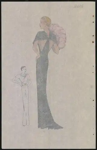 Modeentwurf Art Deco 1934, Pin-Up Girl mit Federfächer im langen Cocktailkleid, Lithographie Atelier Bachwitz, Wien