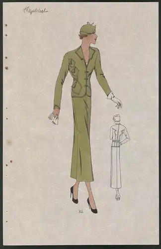 Modeentwurf Art Deco 1934, Model mit Hut trägt eleganten grünen Zweiteiler, Lithographie Atelier Bachwitz, Wien