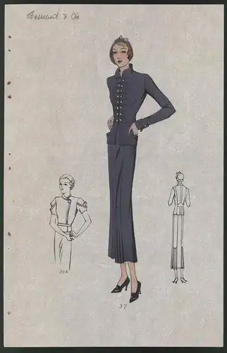 Modeentwurf Art Deco 1934, Blondes Model m. Hut im blauen Zweiteiler mit Knopfleiste, Lithographie Atelier Bachwitz Wien