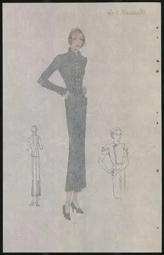 Modeentwurf Art Deco 1934, Blondes Model m. Hut im blauen Zweiteiler mit Knopfleiste, Lithographie Atelier Bachwitz Wien