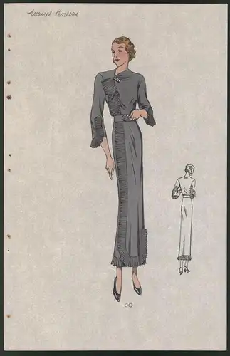 Modeentwurf Art Deco 1934, Blondes Model im langen grauen Kleid mit Rüschen, Lithographie Atelier Bachwitz, Wien